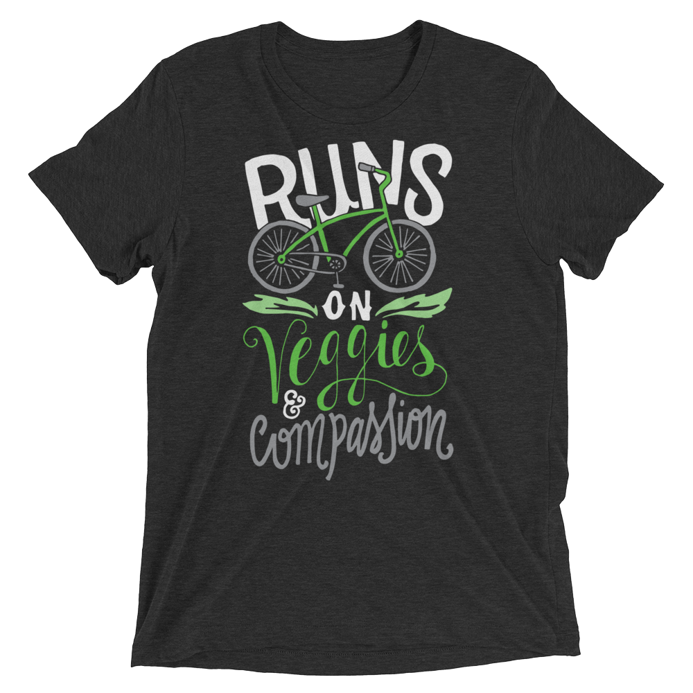 Vegan T-Shirt - Runs on veggies and compassion shirt - Charcoal Black