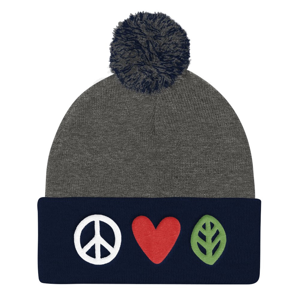 Vegan Beanie Hat - Love Peace Vegan Hat - Grey and Navy