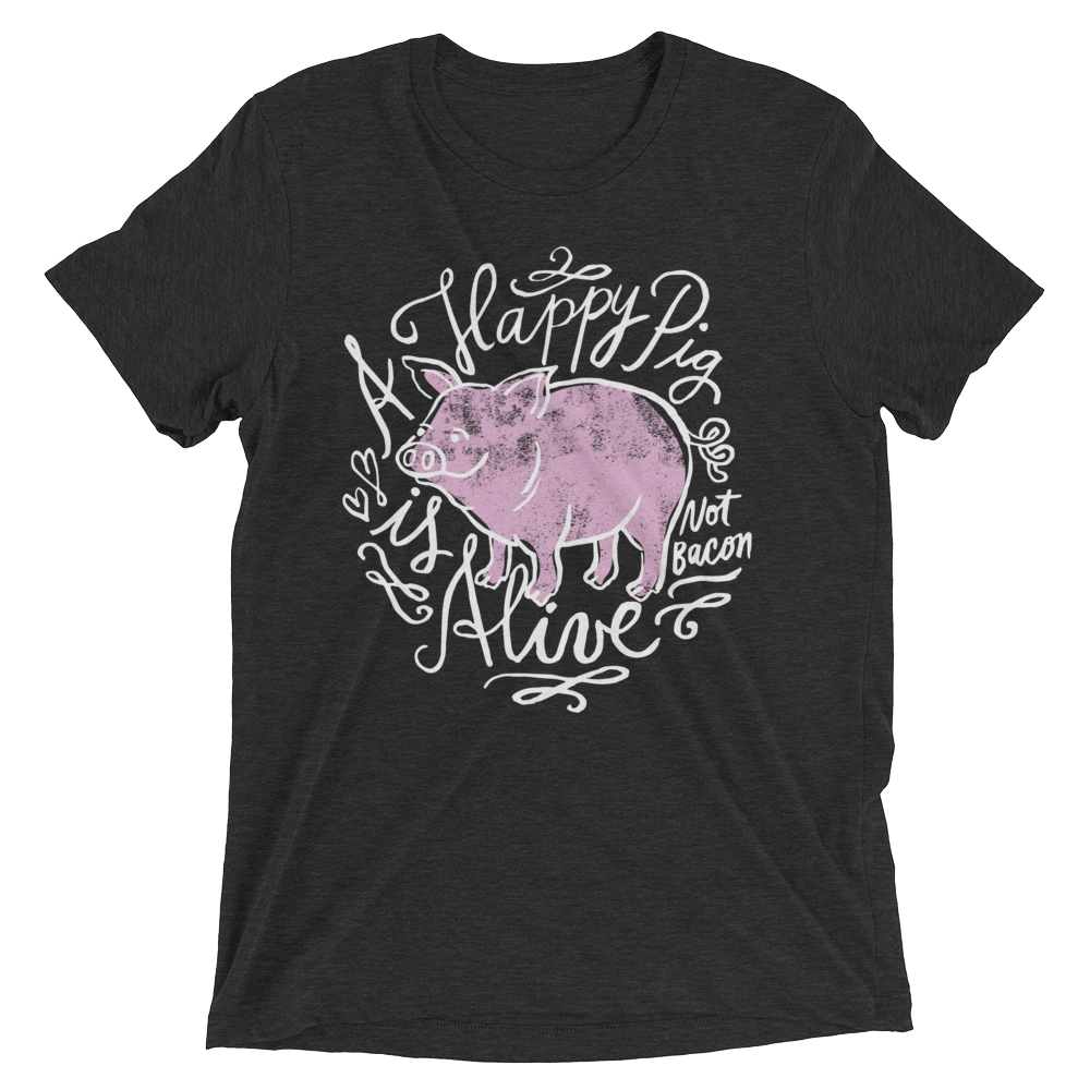 Vegan T-Shirt - A Happy Pig is Alive - Charcoal Black