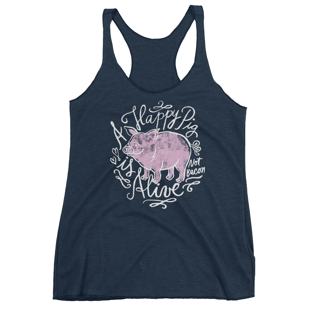 Vegan Tank Top - A Happy Pig Is Alive - Vintage Navy