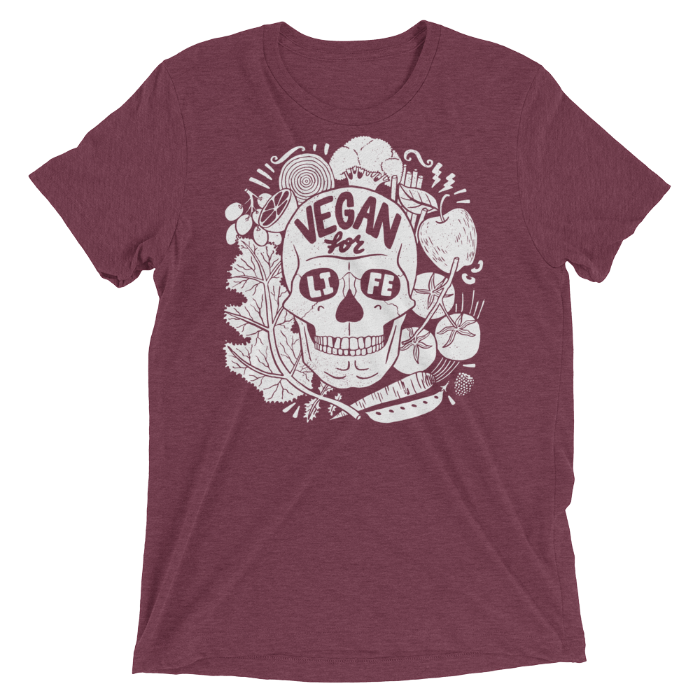 Vegan T-Shirt - Vegan For Life Skull - Maroon