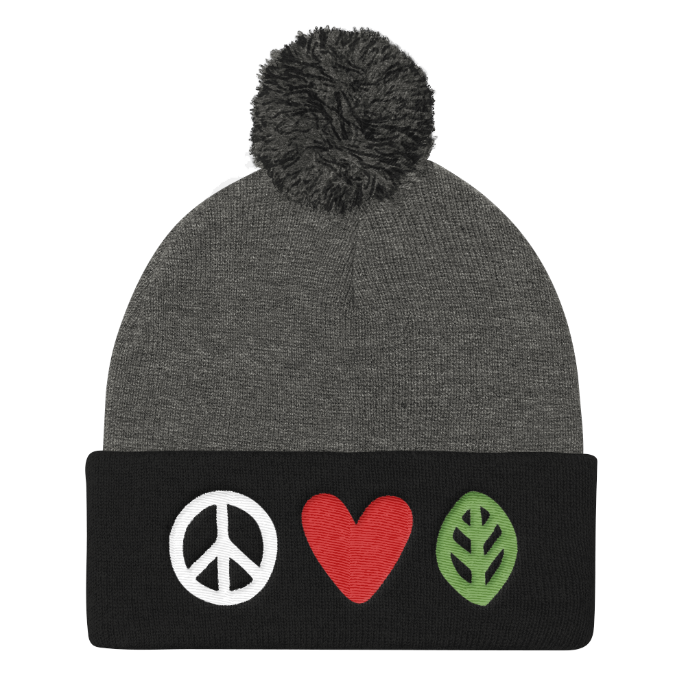 Vegan Beanie Hat - Love Peace Vegan Hat - Grey and Black