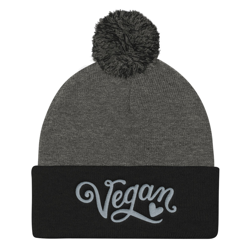 Vegan Beanie Hat - Vegan Heart Hat - Grey and Black