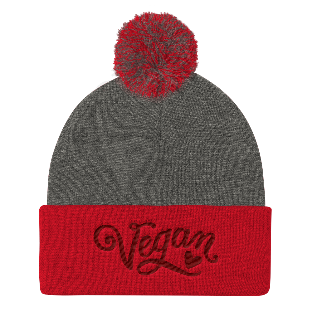 Vegan Beanie Hat - Vegan Heart Hat - Grey and Red