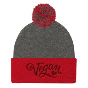 Vegan Beanie Hat - Vegan Heart Hat - Grey and Red