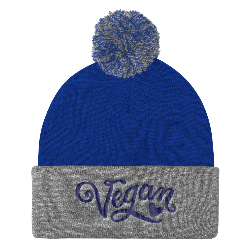 Vegan Beanie Hat - Vegan Heart Hat - Royal Blue and Grey